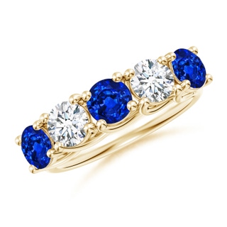 5mm AAAA Half Eternity Five Stone Sapphire and Diamond Wedding Band in Yellow Gold