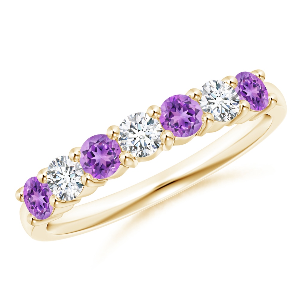 3mm AAAA Half Eternity Seven Stone Amethyst and Diamond Wedding Band in Yellow Gold