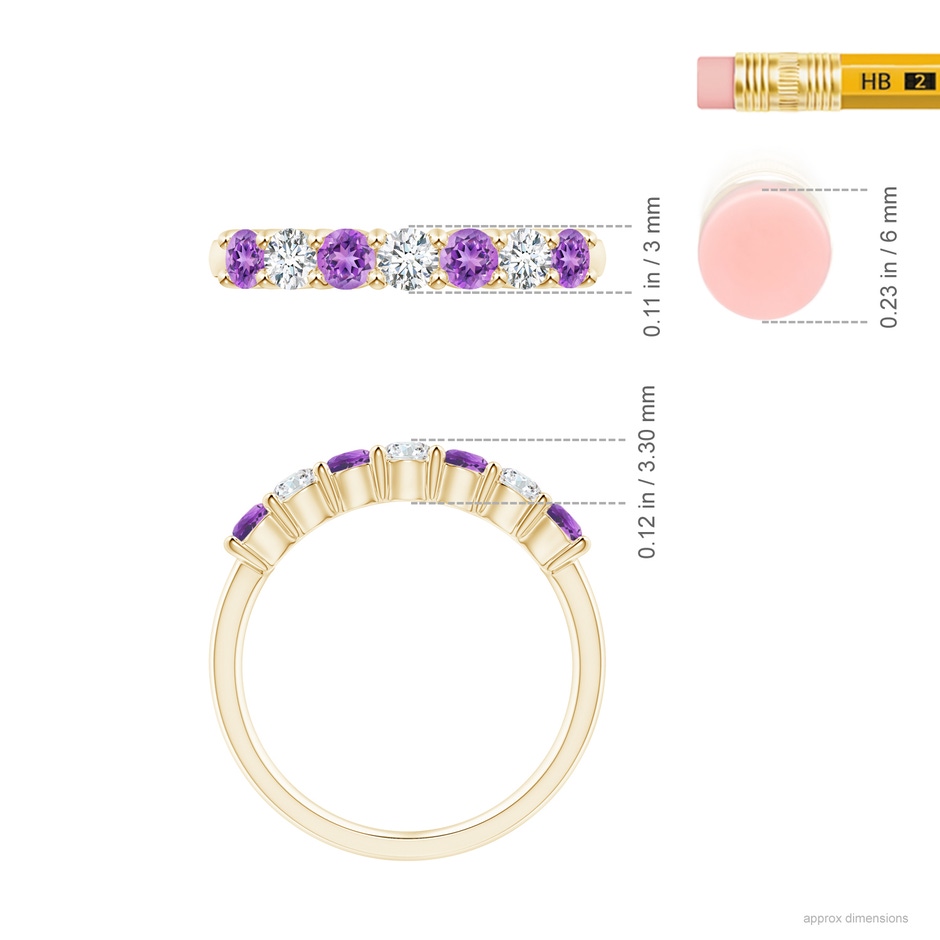 3mm AAAA Half Eternity Seven Stone Amethyst and Diamond Wedding Band in Yellow Gold ruler