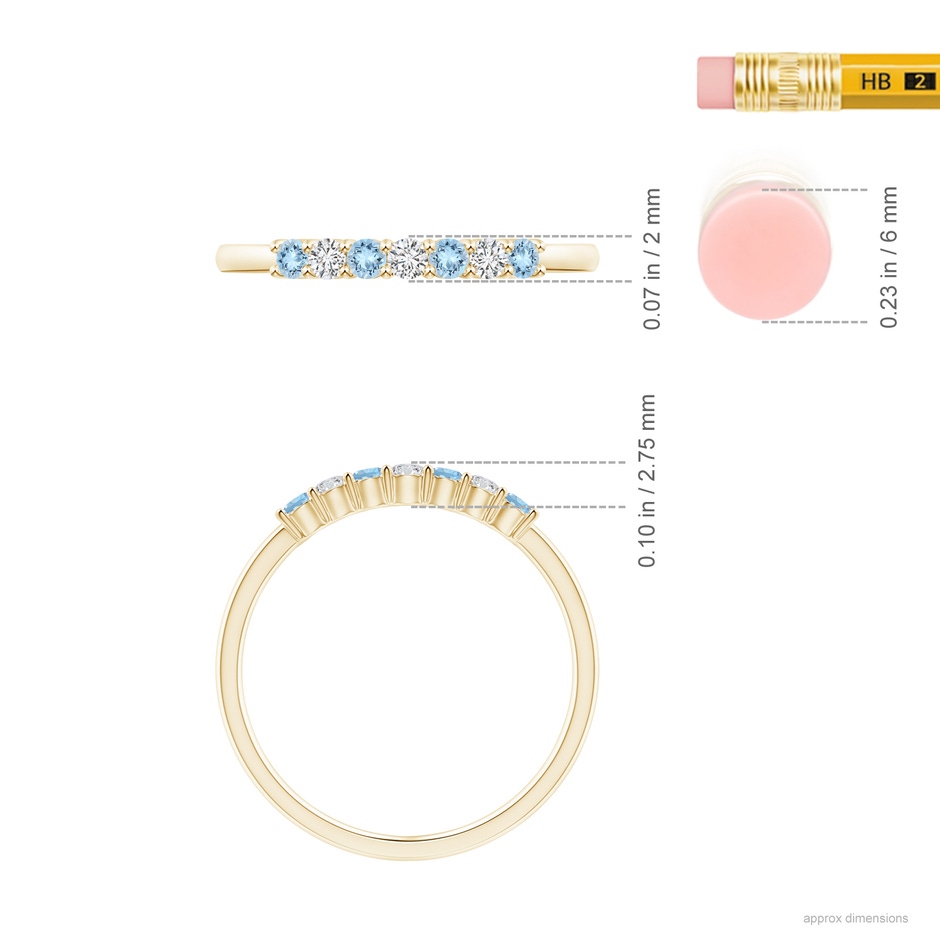 2mm AAA Half Eternity Seven Stone Aquamarine and Diamond Wedding Band in Yellow Gold ruler