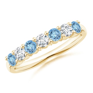 3mm AAAA Half Eternity Seven Stone Aquamarine and Diamond Wedding Band in 9K Yellow Gold