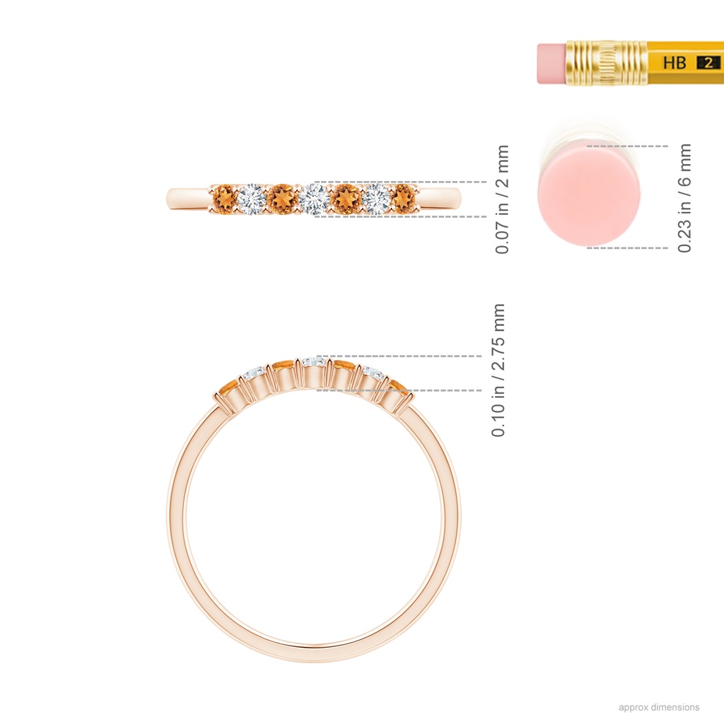 2mm AAAA Half Eternity Seven Stone Citrine and Diamond Wedding Band in Rose Gold Ruler