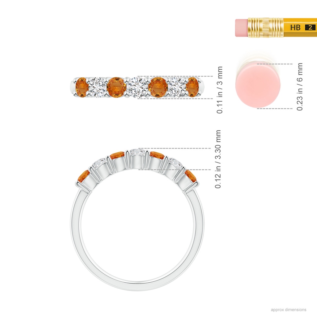 3mm AAA Half Eternity 7 Stone Orange Sapphire & Diamond Wedding Band in White Gold Ruler