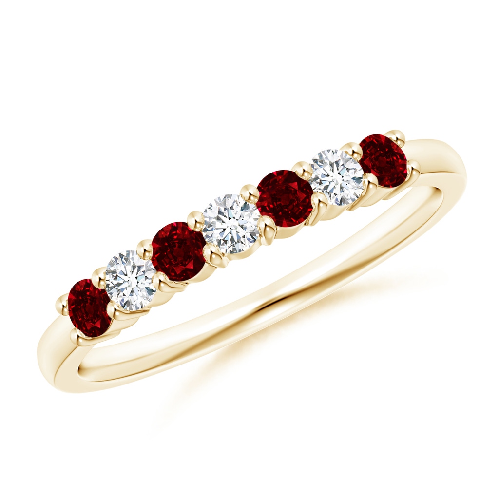 2.5mm AAAA Half Eternity Seven Stone Ruby and Diamond Wedding Band in Yellow Gold