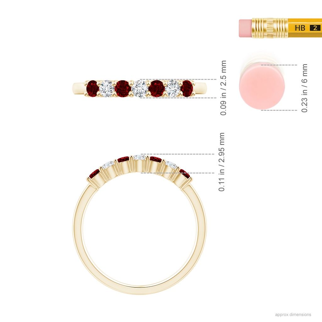 2.5mm AAAA Half Eternity Seven Stone Ruby and Diamond Wedding Band in Yellow Gold Ruler