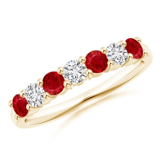 3mm AAA Half Eternity Seven Stone Ruby and Diamond Wedding Band in Yellow Gold