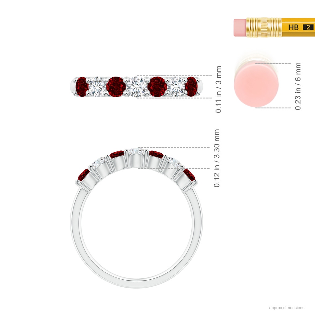 3mm AAAA Half Eternity Seven Stone Ruby and Diamond Wedding Band in P950 Platinum Ruler