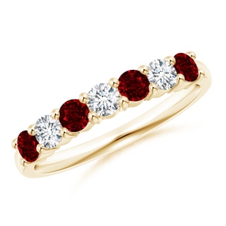 3mm AAAA Half Eternity Seven Stone Ruby and Diamond Wedding Band in Yellow Gold