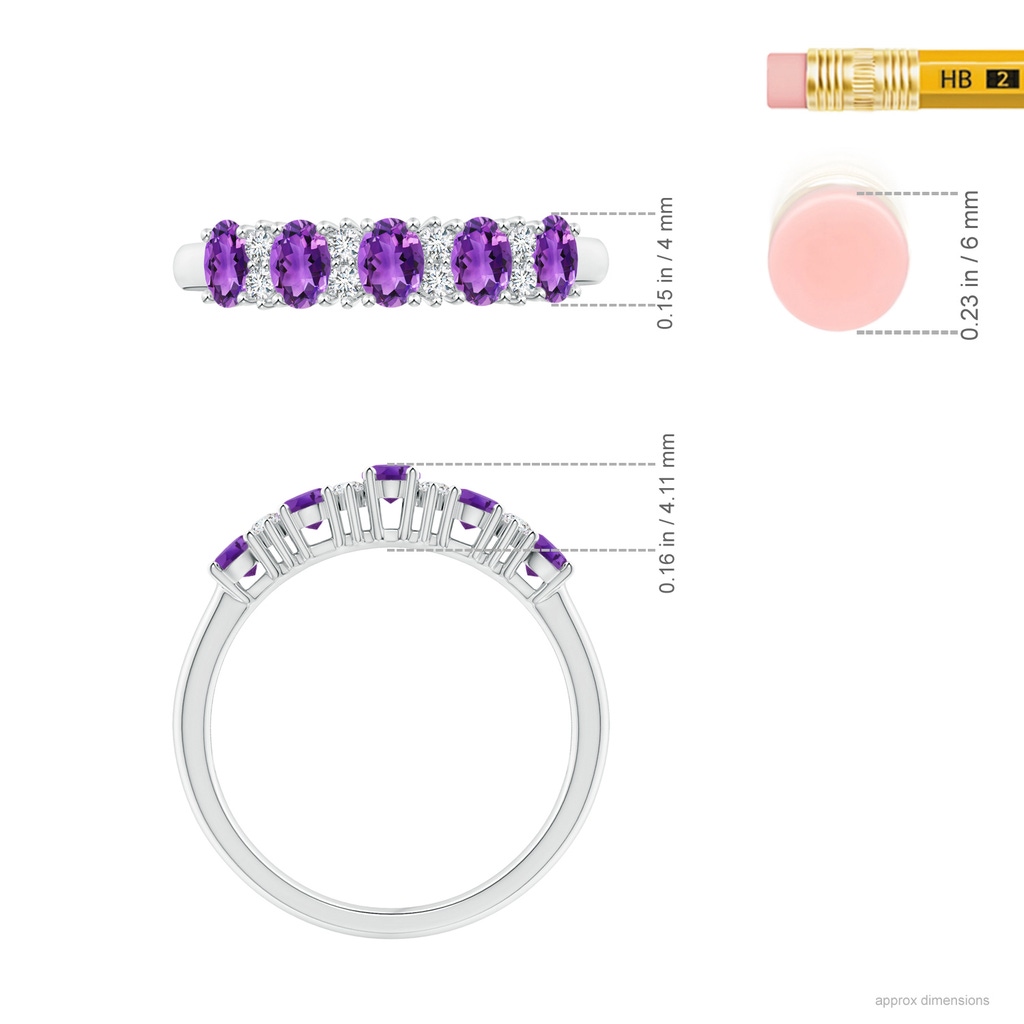 4x3mm AAA Five Stone Amethyst and Diamond Wedding Band in P950 Platinum Ruler