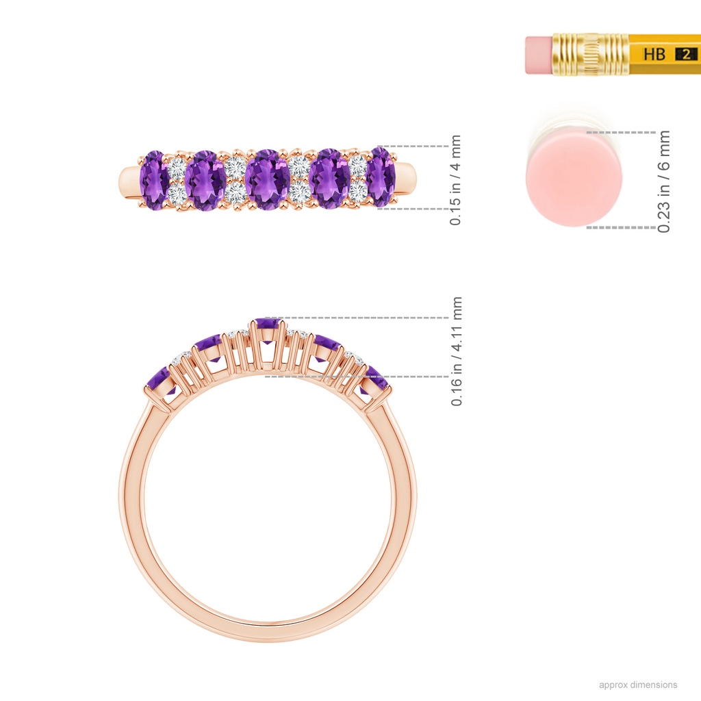 4x3mm AAA Five Stone Amethyst and Diamond Wedding Band in Rose Gold Ruler