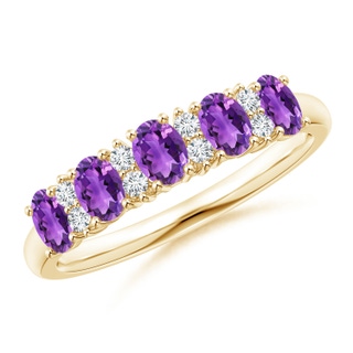 4x3mm AAA Five Stone Amethyst and Diamond Wedding Band in Yellow Gold