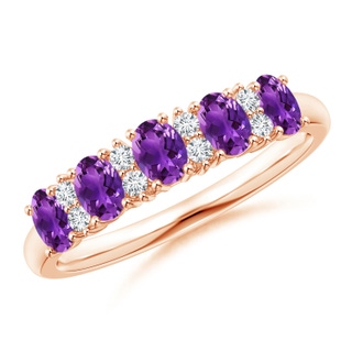 4x3mm AAAA Five Stone Amethyst and Diamond Wedding Band in Rose Gold