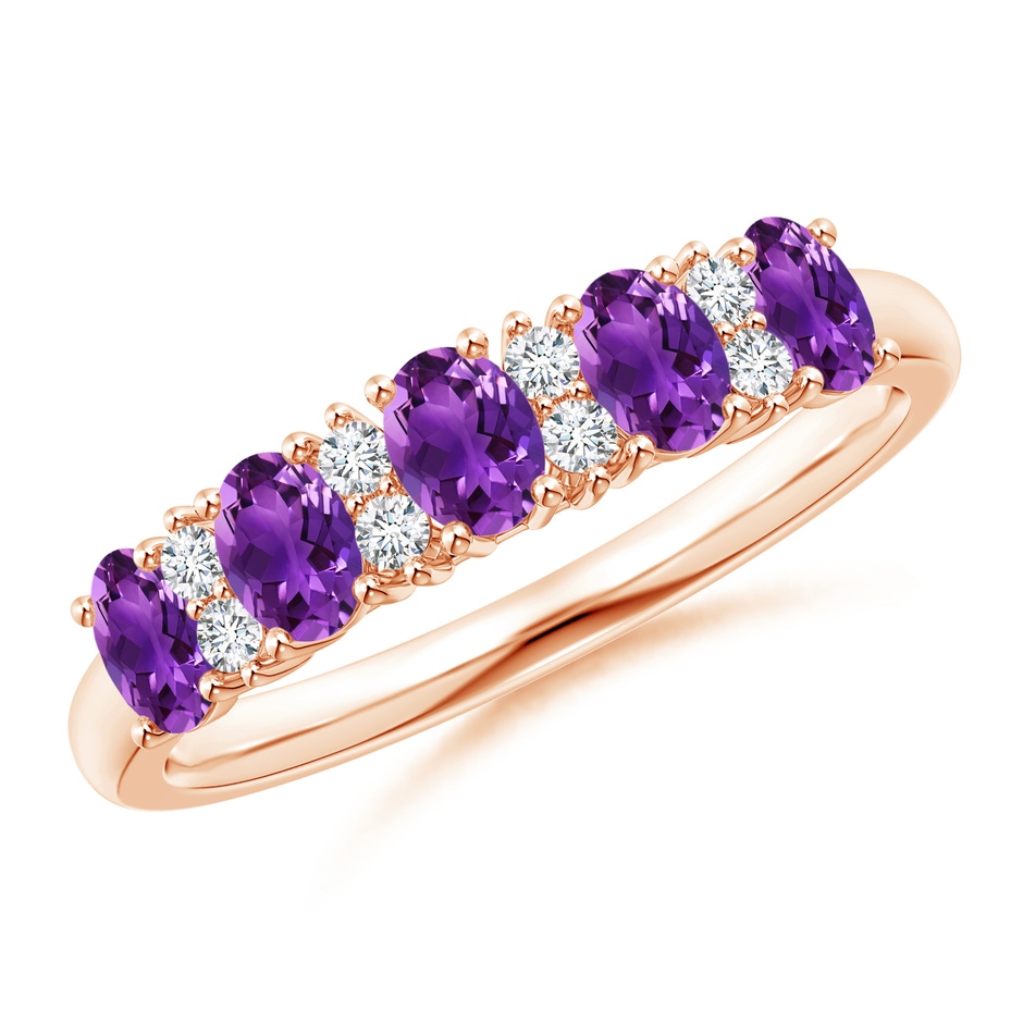 4x3mm AAAA Five Stone Amethyst and Diamond Wedding Band in Rose Gold 