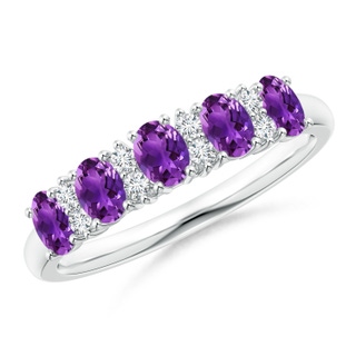 4x3mm AAAA Five Stone Amethyst and Diamond Wedding Band in White Gold