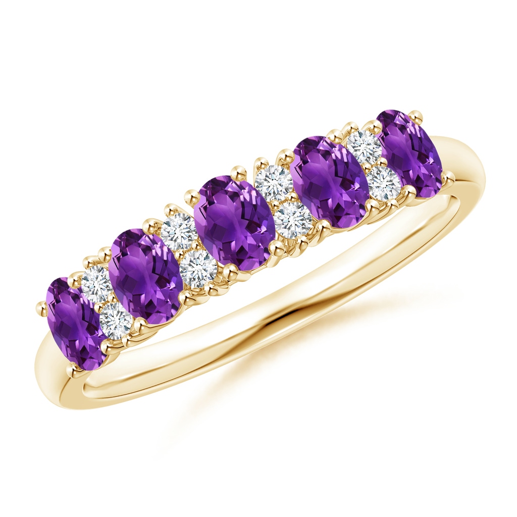 4x3mm AAAA Five Stone Amethyst and Diamond Wedding Band in Yellow Gold