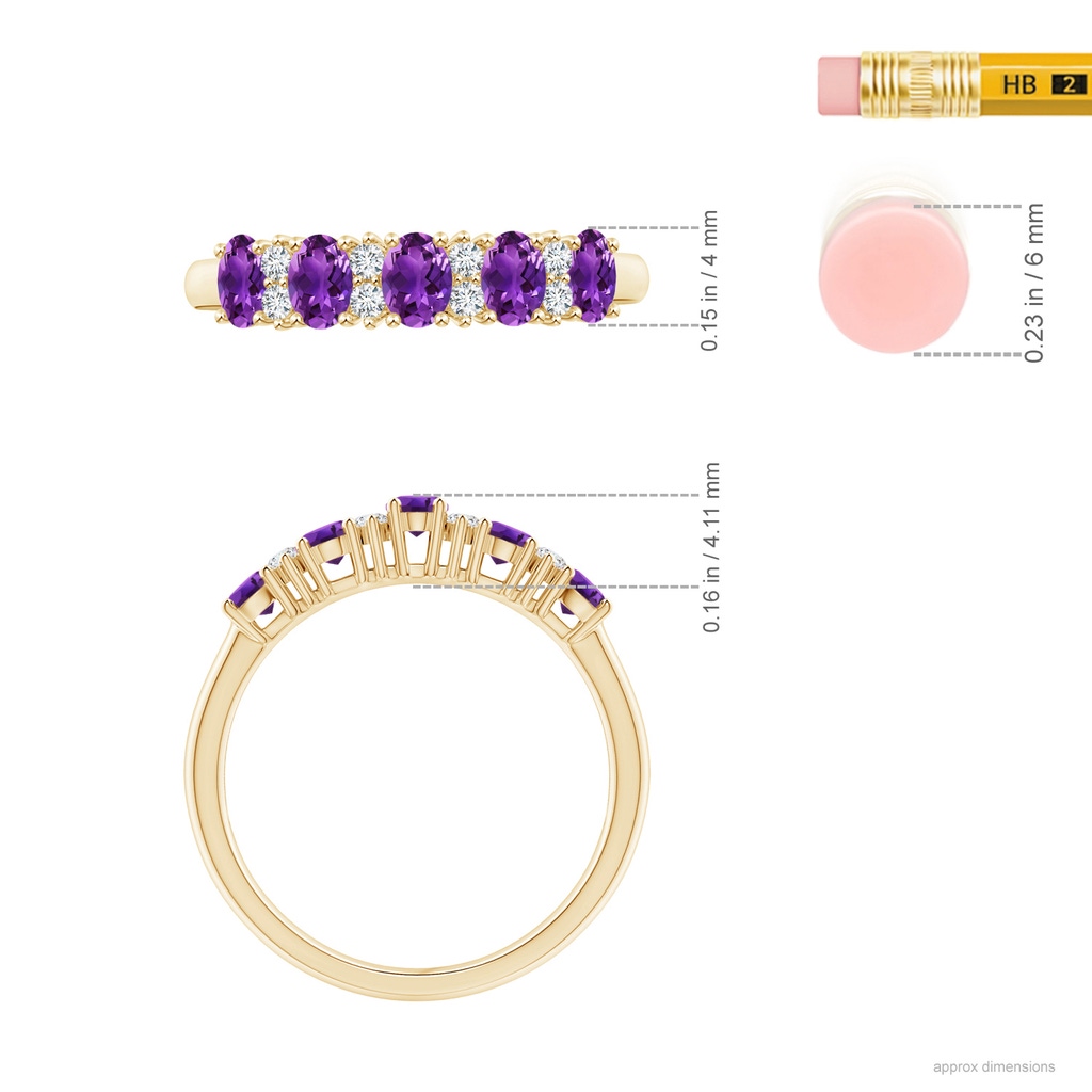 4x3mm AAAA Five Stone Amethyst and Diamond Wedding Band in Yellow Gold Ruler