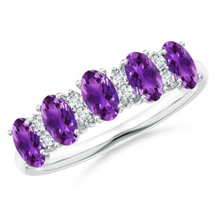 5x3mm AAAA Five Stone Amethyst and Diamond Wedding Band in P950 Platinum