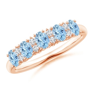 4x3mm AAA Five Stone Aquamarine and Diamond Wedding Band in 9K Rose Gold