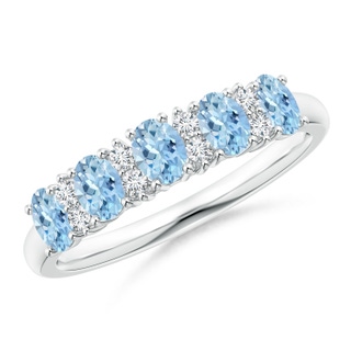 4x3mm AAA Five Stone Aquamarine and Diamond Wedding Band in White Gold