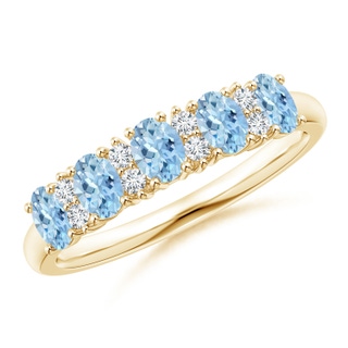 4x3mm AAA Five Stone Aquamarine and Diamond Wedding Band in Yellow Gold