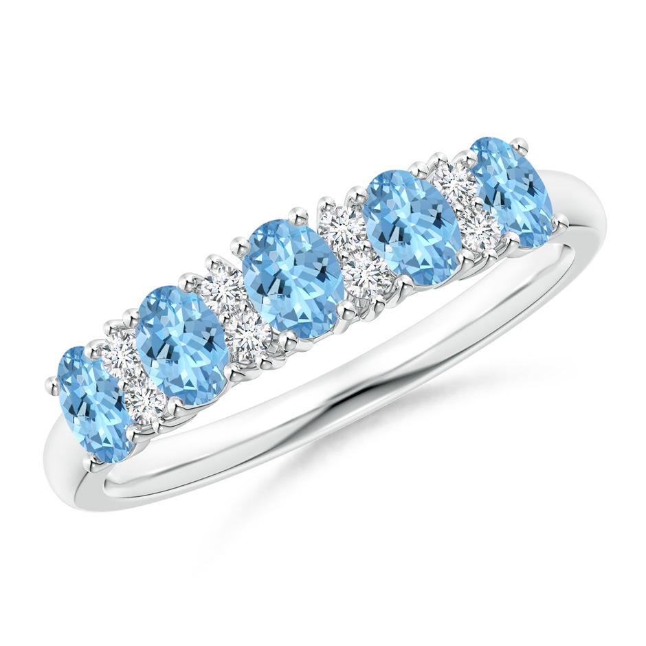 4x3mm AAAA Five Stone Aquamarine and Diamond Wedding Band in White Gold 