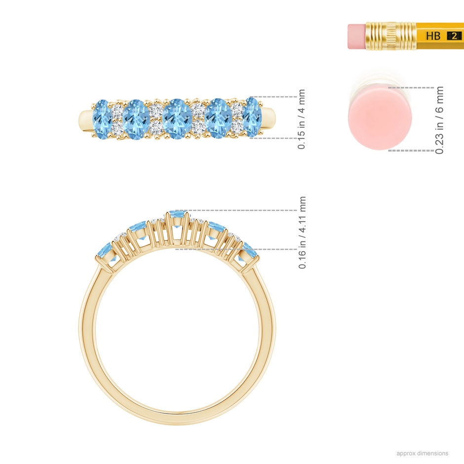 4x3mm AAAA Five Stone Aquamarine and Diamond Wedding Band in Yellow Gold ruler