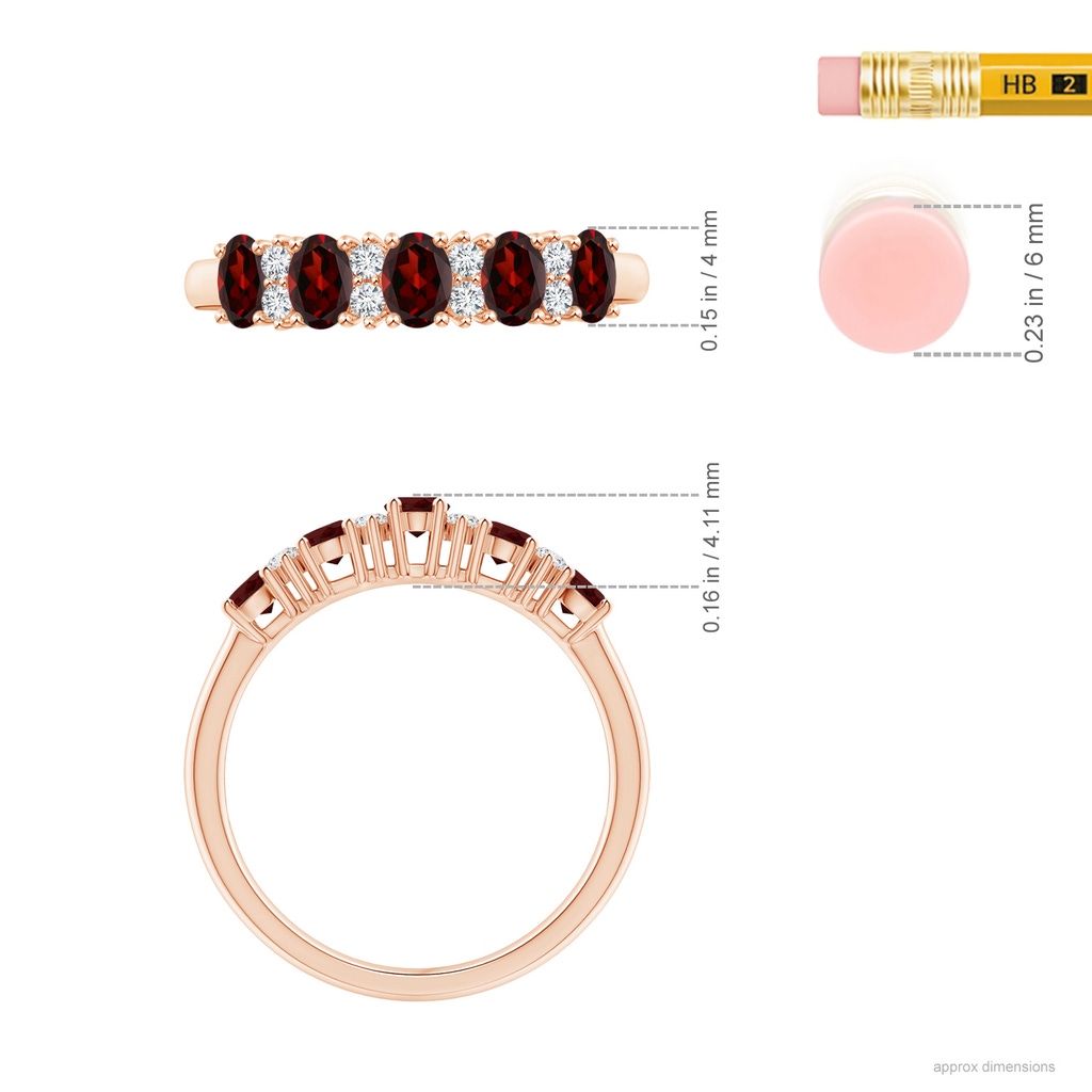 4x3mm AAA Five Stone Garnet and Diamond Wedding Band in Rose Gold Ruler