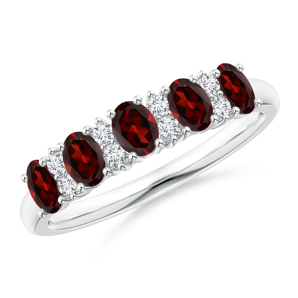 4x3mm AAA Five Stone Garnet and Diamond Wedding Band in White Gold