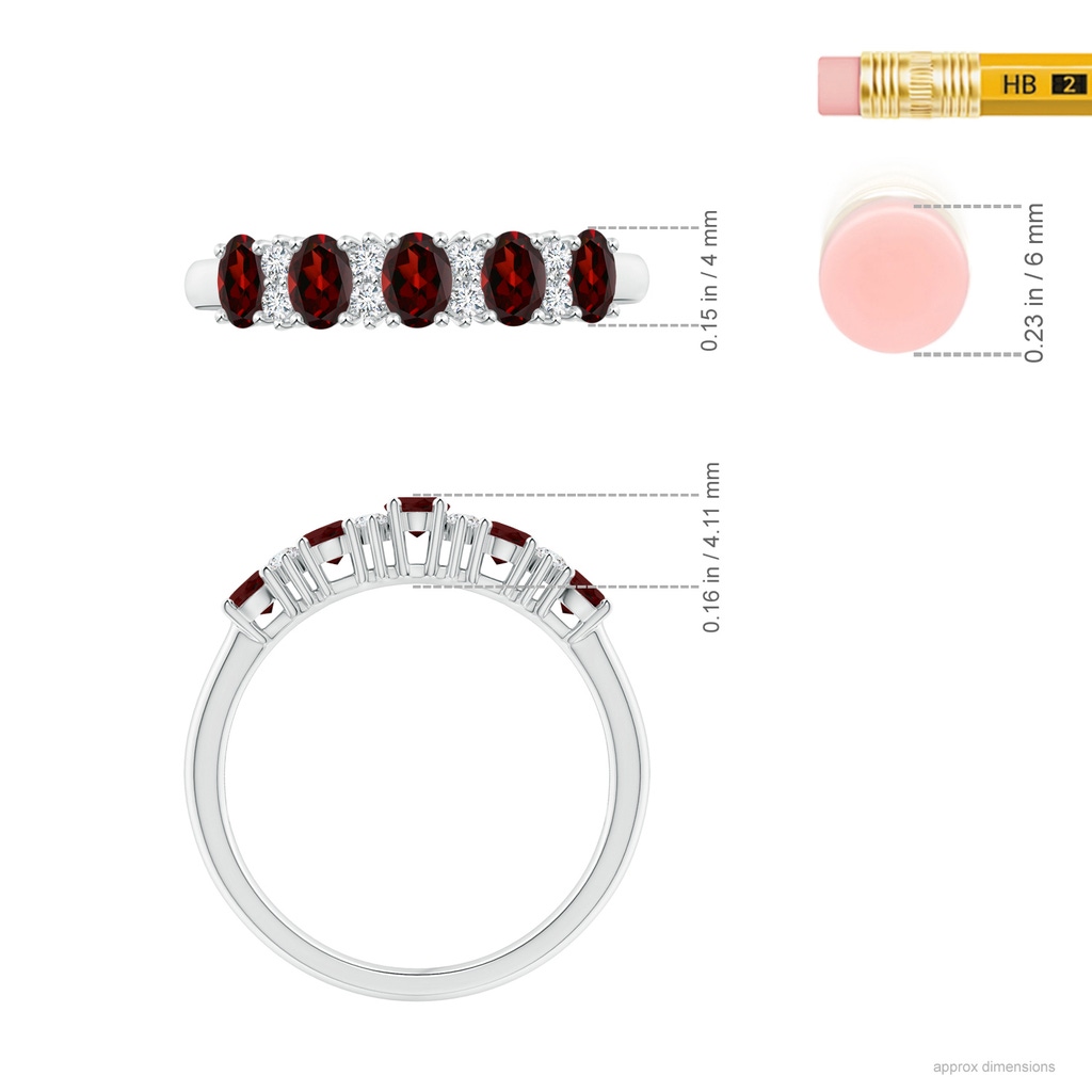 4x3mm AAA Five Stone Garnet and Diamond Wedding Band in White Gold Ruler