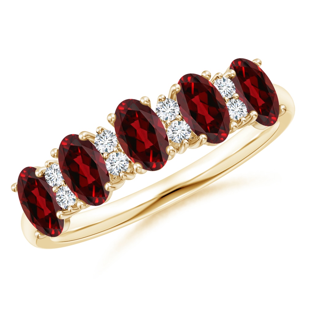 5x3mm AAAA Five Stone Garnet and Diamond Wedding Band in Yellow Gold