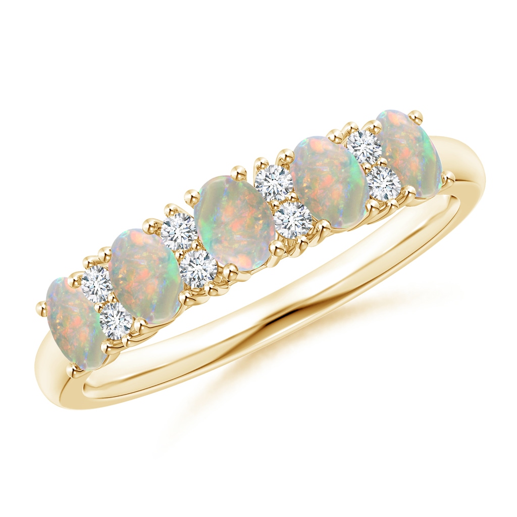 4x3mm AAAA Five Stone Opal and Diamond Wedding Band in 10K Yellow Gold