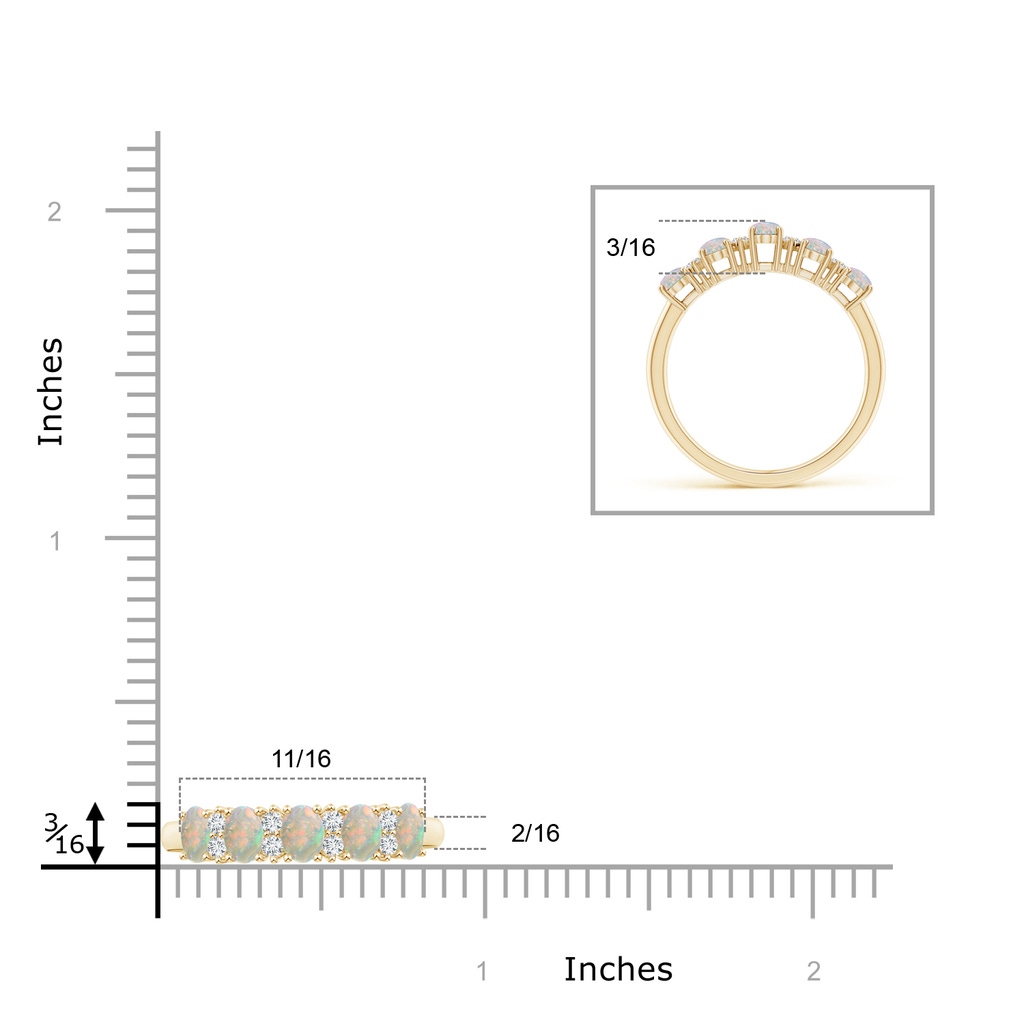 4x3mm AAAA Five Stone Opal and Diamond Wedding Band in 10K Yellow Gold Ruler