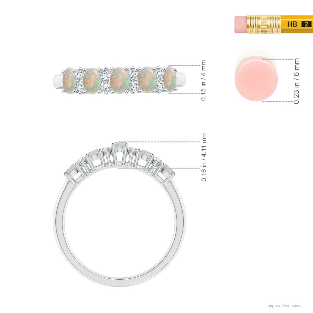 4x3mm AAAA Five Stone Opal and Diamond Wedding Band in P950 Platinum Ruler