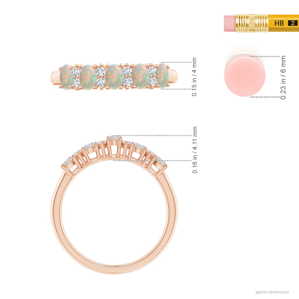 4x3mm AAAA Five Stone Opal and Diamond Wedding Band in Rose Gold Ruler