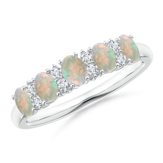 4x3mm AAAA Five Stone Opal and Diamond Wedding Band in White Gold