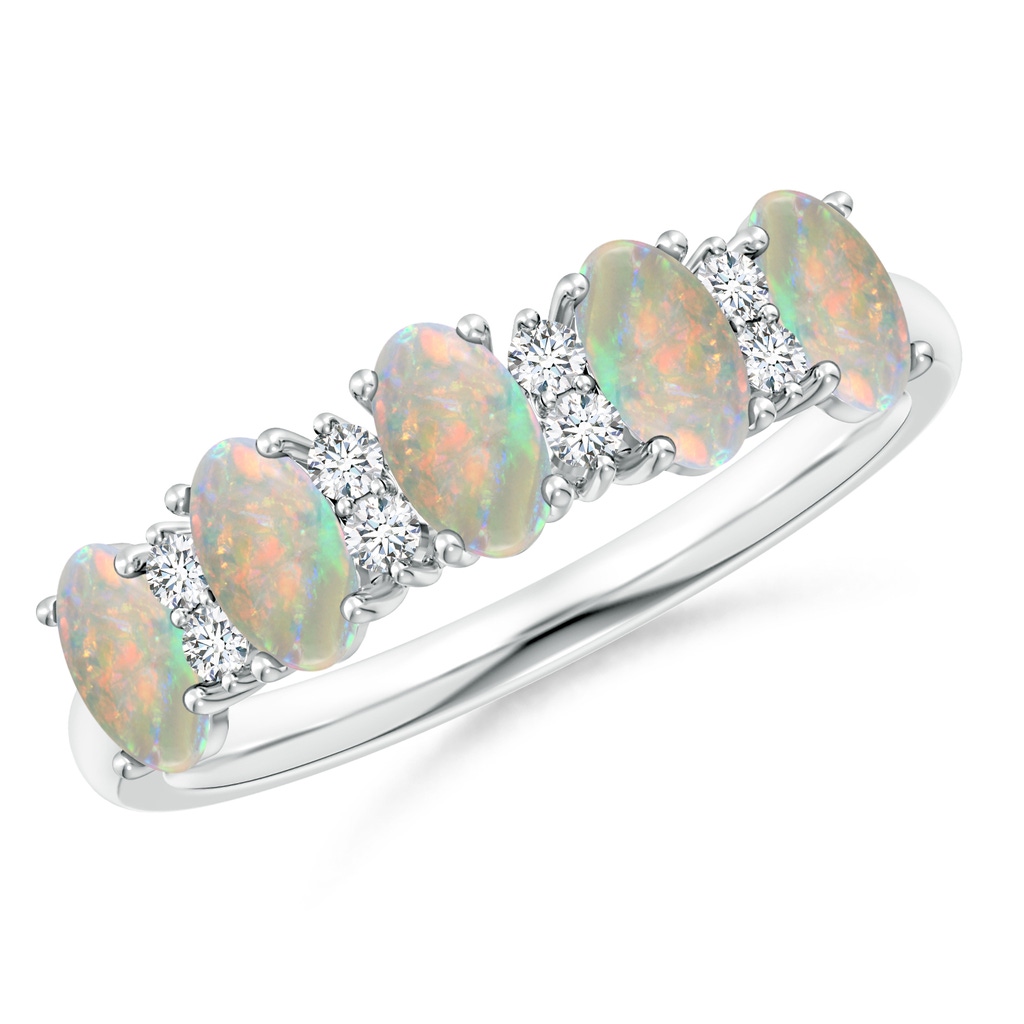 5x3mm AAAA Five Stone Opal and Diamond Wedding Band in White Gold