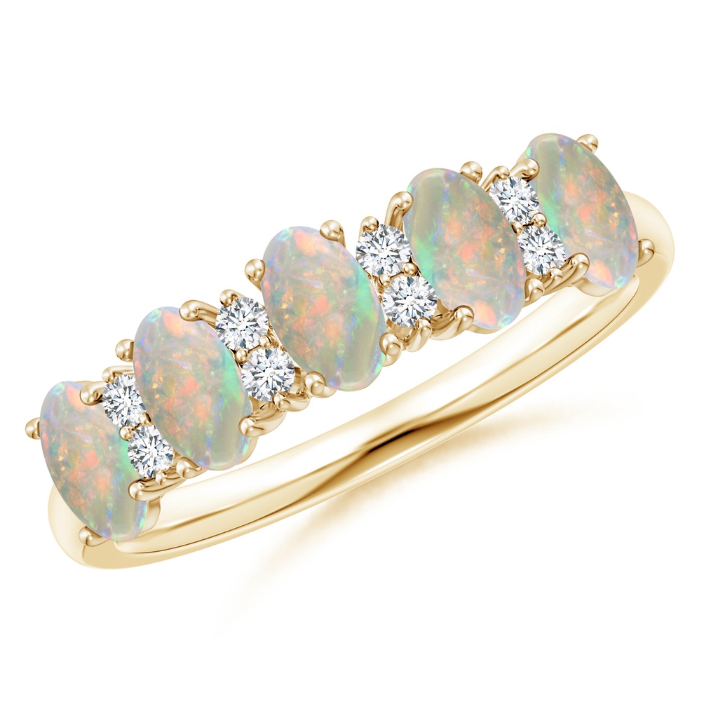 5x3mm AAAA Five Stone Opal and Diamond Wedding Band in Yellow Gold