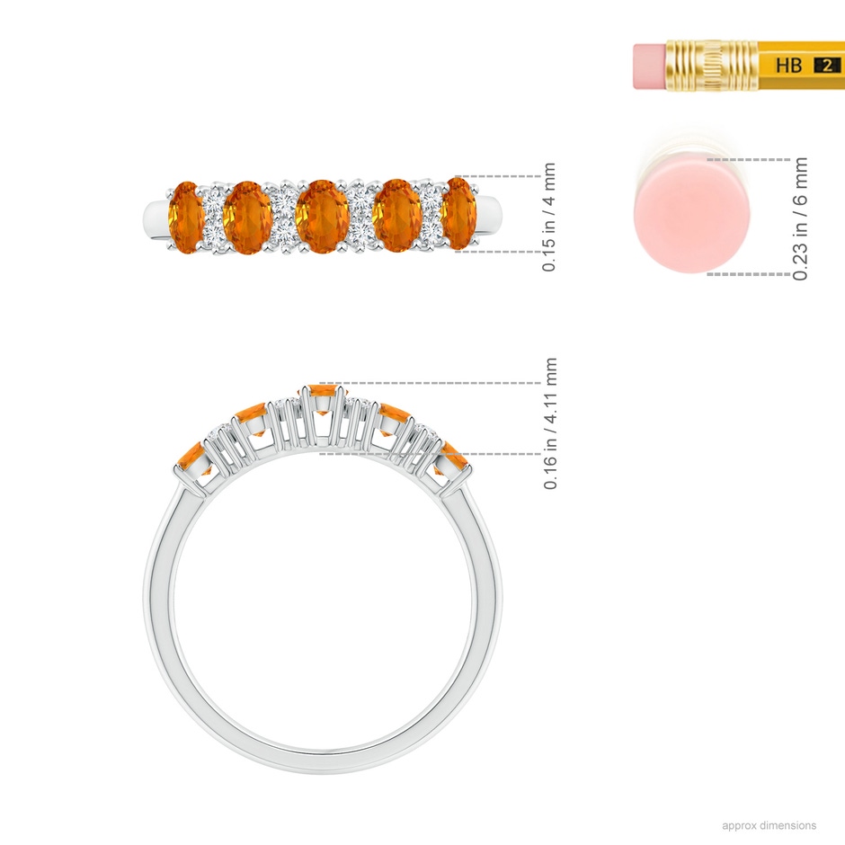 4x3mm AAA Five Stone Orange Sapphire and Diamond Wedding Band in P950 Platinum ruler