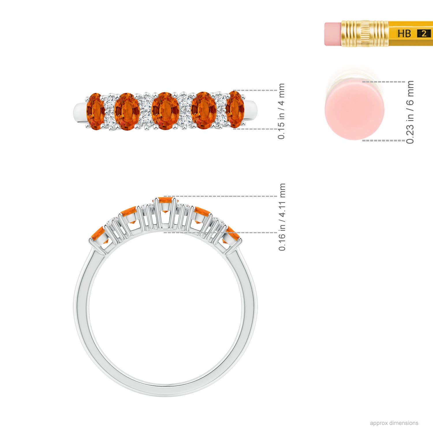 4x3mm AAAA Five Stone Orange Sapphire and Diamond Wedding Band in White Gold - ruler