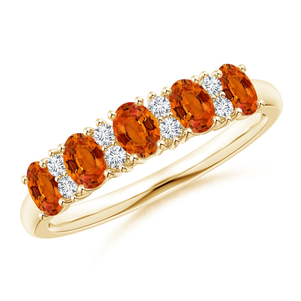 4x3mm AAAA Five Stone Orange Sapphire and Diamond Wedding Band in Yellow Gold