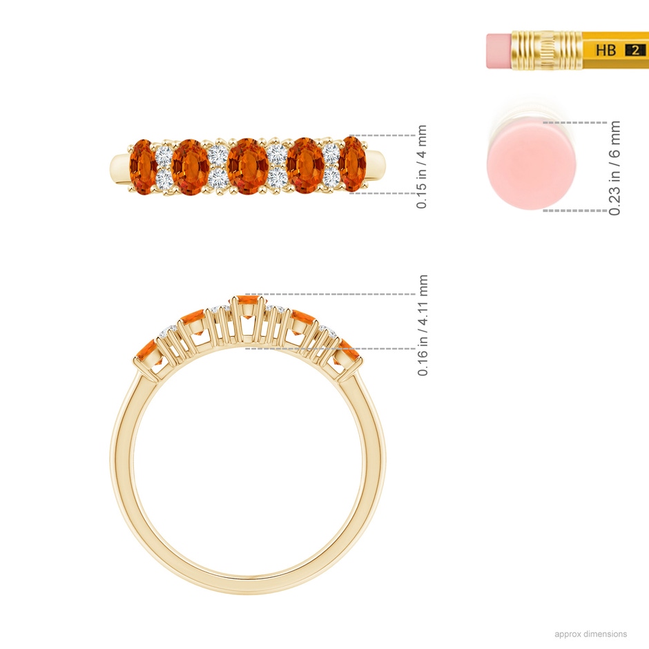 4x3mm AAAA Five Stone Orange Sapphire and Diamond Wedding Band in Yellow Gold ruler