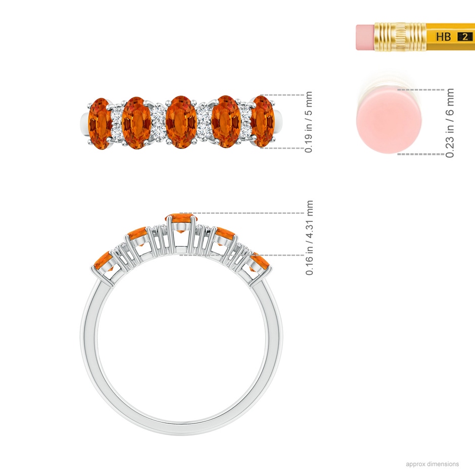 5x3mm AAAA Five Stone Orange Sapphire and Diamond Wedding Band in P950 Platinum ruler