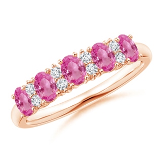 4x3mm AAA Five Stone Pink Sapphire and Diamond Wedding Band in 9K Rose Gold