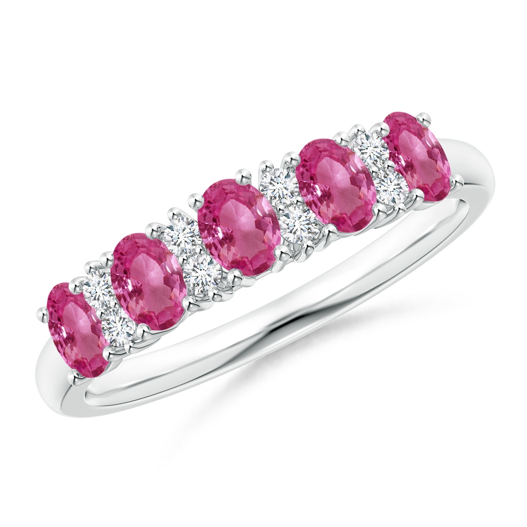 4x3mm AAAA Five Stone Pink Sapphire and Diamond Wedding Band in P950 Platinum