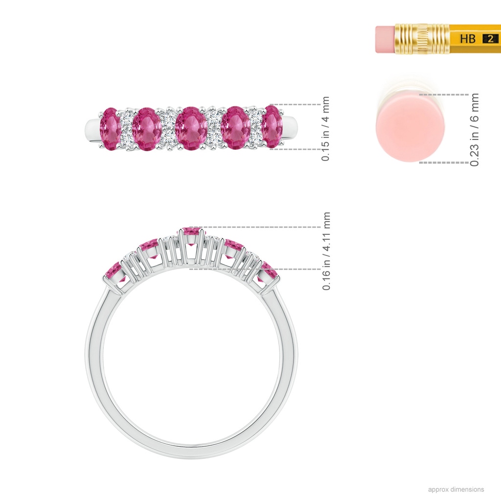 4x3mm AAAA Five Stone Pink Sapphire and Diamond Wedding Band in P950 Platinum Ruler