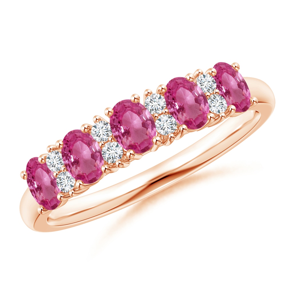 4x3mm AAAA Five Stone Pink Sapphire and Diamond Wedding Band in Rose Gold