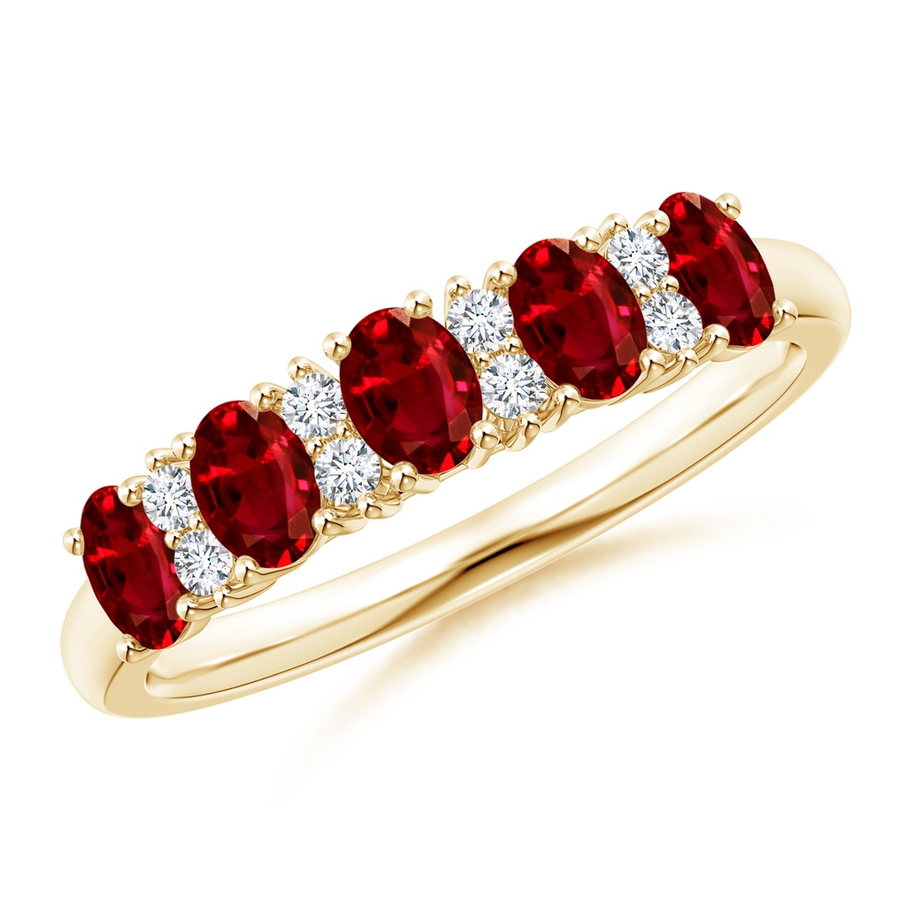 4x3mm AAAA Five Stone Ruby and Diamond Wedding Band in Yellow Gold