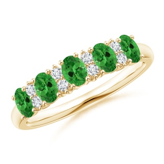 4x3mm AAA Five Stone Tsavorite and Diamond Wedding Band in Yellow Gold