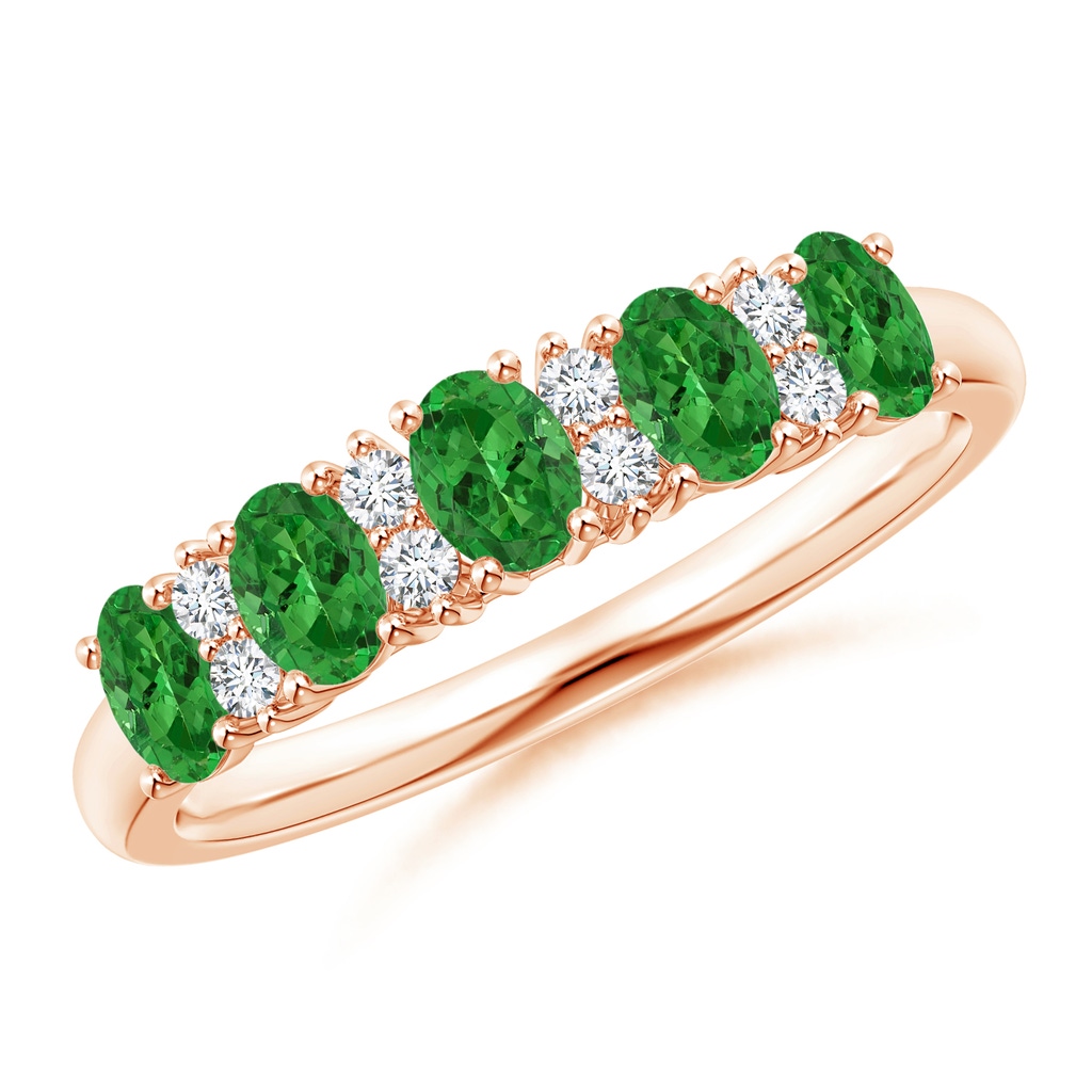 4x3mm AAAA Five Stone Tsavorite and Diamond Wedding Band in Rose Gold