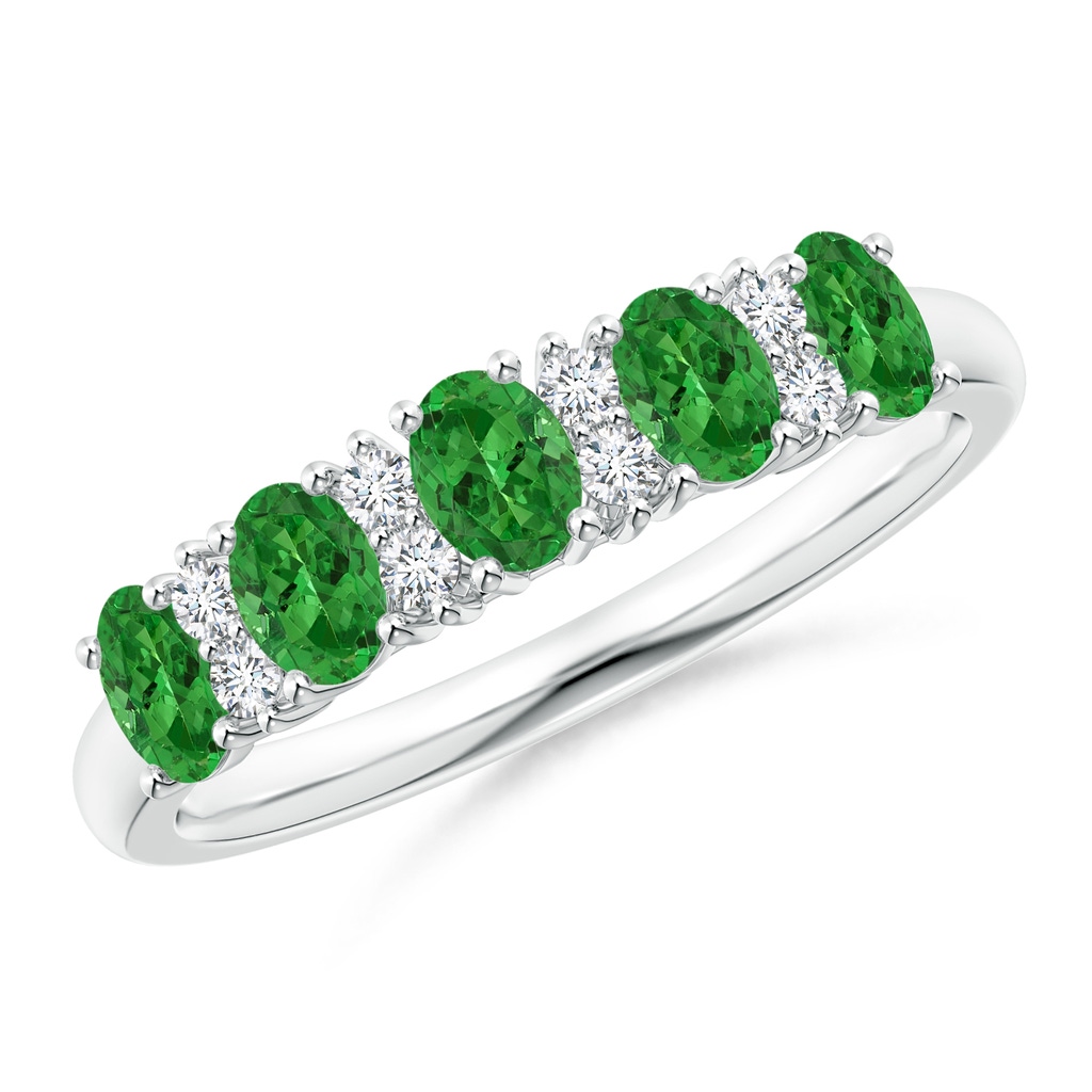 4x3mm AAAA Five Stone Tsavorite and Diamond Wedding Band in White Gold